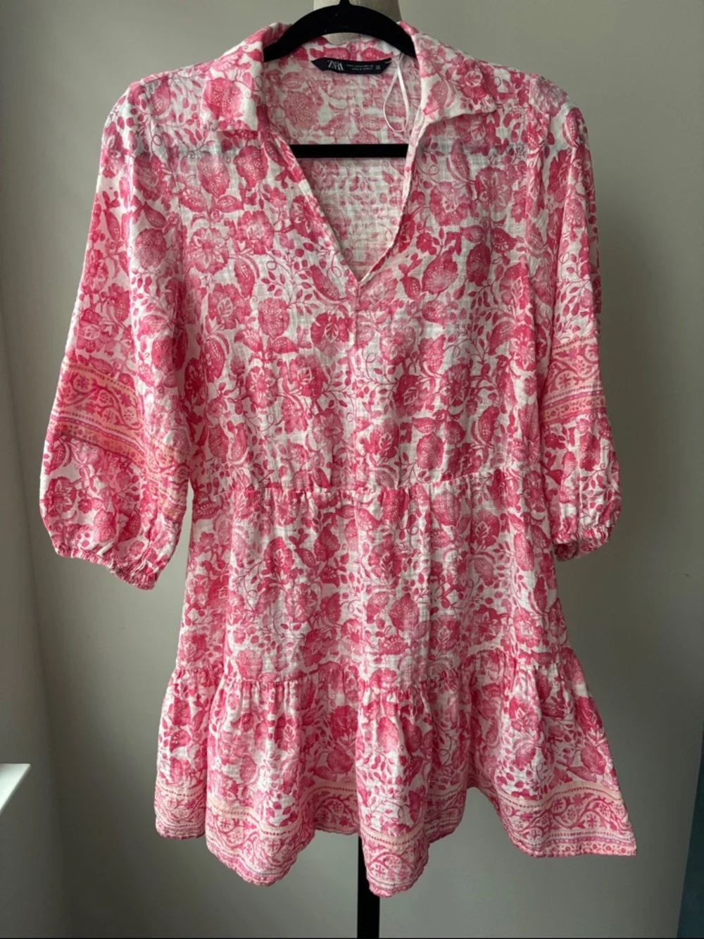 Zara Dress Womens Medium Pink White Floral V-Neck Tiered Tunic Ballon Sleeve - Picture 3 of 7